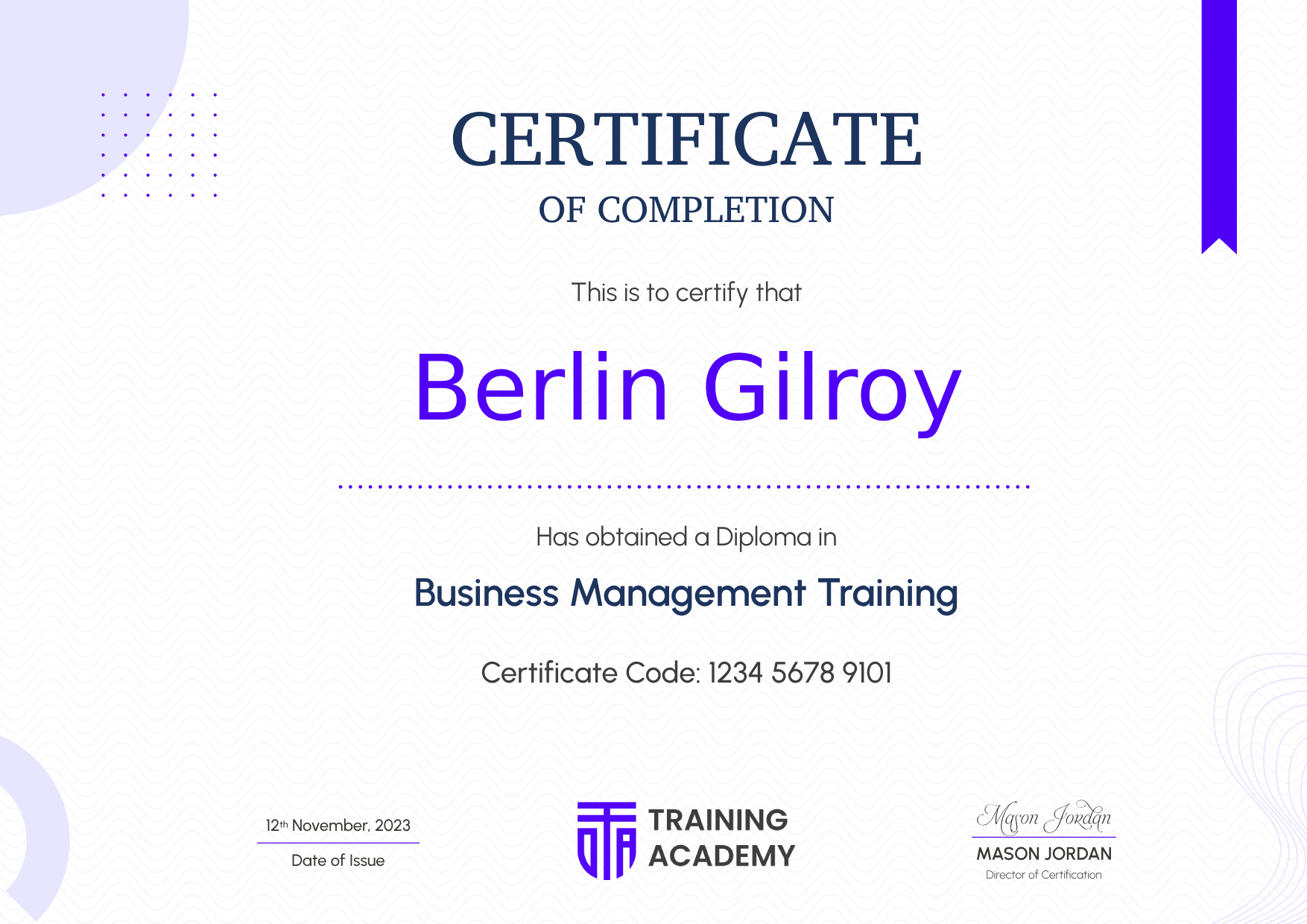 Online Training Academy demo Certificate Sample - Online Training Academy